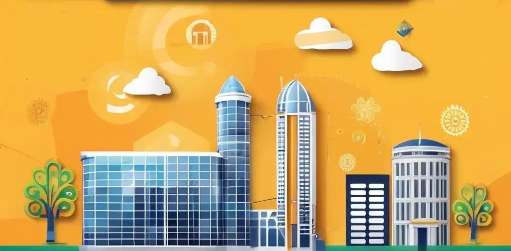 Modern banking website banner featuring a sleek bank building, an ATM, digital banking icons, and a calendar displaying bank holidays. The design has a blue and white color scheme, representing trust and financial security.